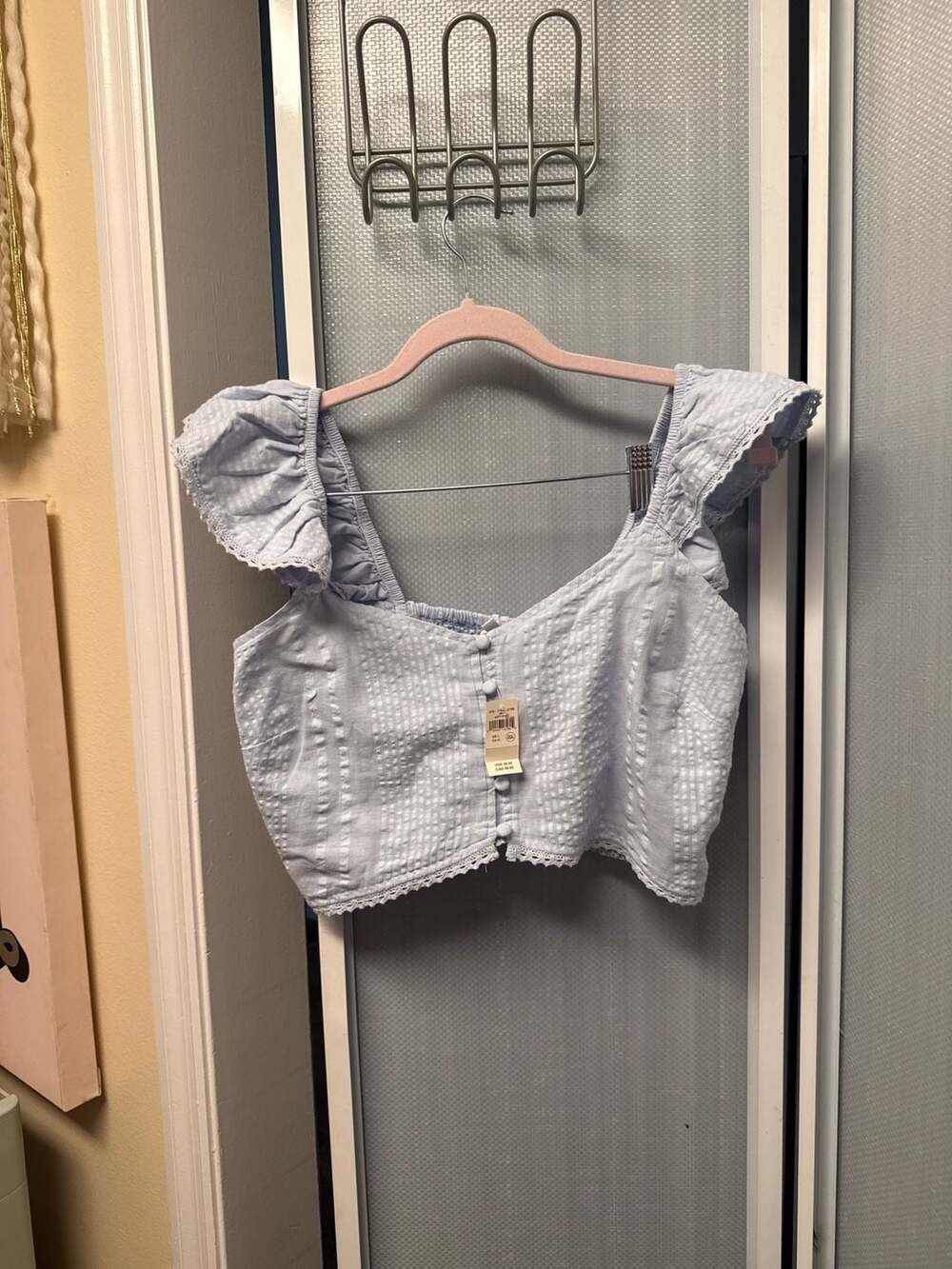 Aerie Light Blue Smocked Seersucker Ruffle Button-Up Crop Top